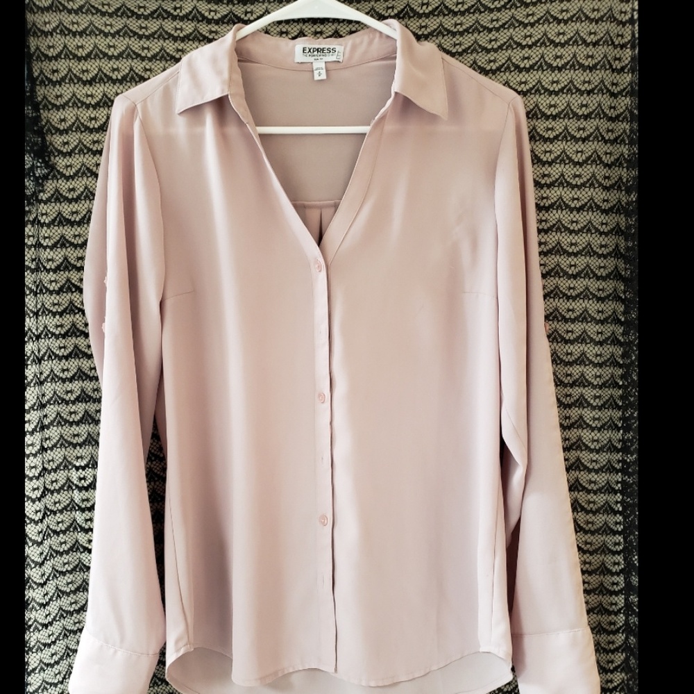 EXPRESS Pink Sheer Long Sleeve Collar Button Down